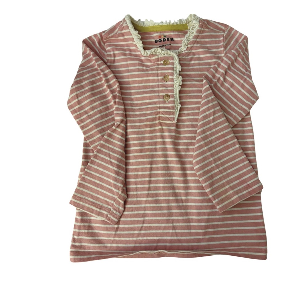Mini Boden Girls cotton long sleeve shirt pink white stripe size 4-5 years